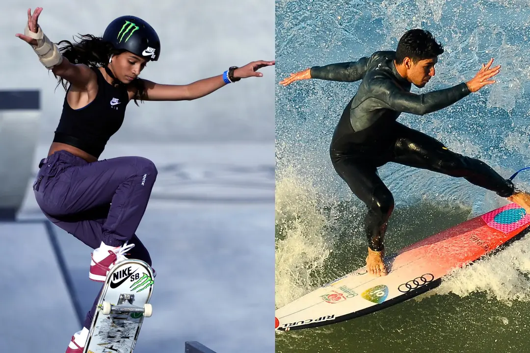Combo de fotograf&iacute;as de los deportistas brasile&ntilde;os Rayssa Leal y el surfista Gabriel Medina. Brasil apuesta por los nuevos deportes del men&uacute; ol&iacute;mpico, en especial el surf y el skateboard, para tratar de batir el r&eacute;cord de 21 medallas conseguido por el pa&iacute;s en los Juegos Ol&iacute;mpicos de Tokio, siete de ellas de oro. EFE/ Ali Haider/Carlos Barroso