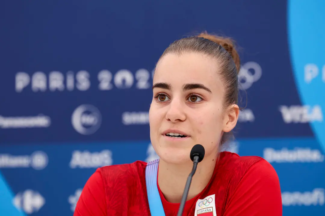 La integrante del equipo ol&iacute;mpico espa&ntilde;ol de boxeo Laura Fuertes, durante la rueda de prensa convocada por el equipo de cara a su participaci&oacute;n en los Juegos Ol&iacute;mpicos de Par&iacute;s 2024, en la capital francesa. EFE/Sashenka Guti&eacute;rrez