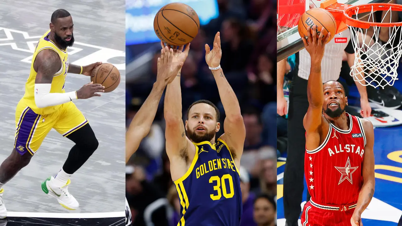 Combo de tres fotograf&iacute;as donde aparecen los basquetbolistas estadounidenses Lebron James (i), Stephen Curry (c) y Kevin Durant. James, Curry y Durant liderar&aacute;n a la todopoderosa selecci&oacute;n masculina de baloncesto de Estados Unidos para los Juegos Ol&iacute;mpicos de Par&iacute;s 2024. EFE